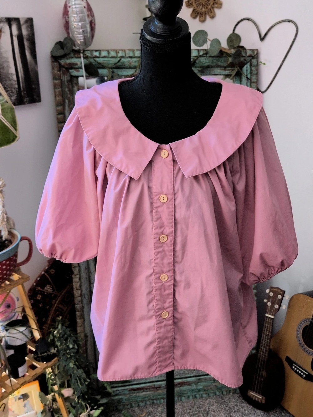 VTG 70s Malco Modes Pink Puff Sleeve Blouse LARGE